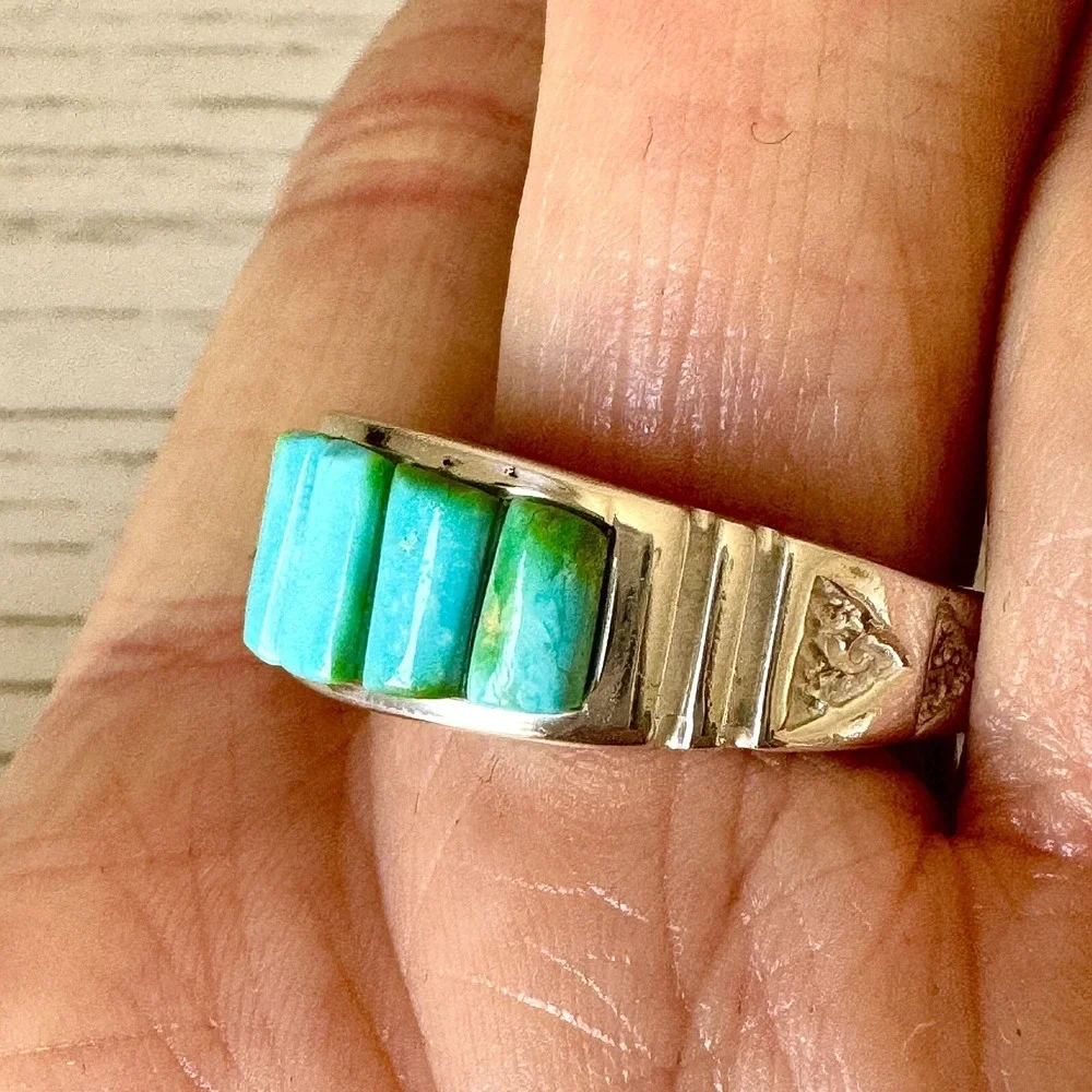 Navajo Turquoise Wedding Band Mens Ring Sz 11 10mm Signed Rick T Corn Inlay